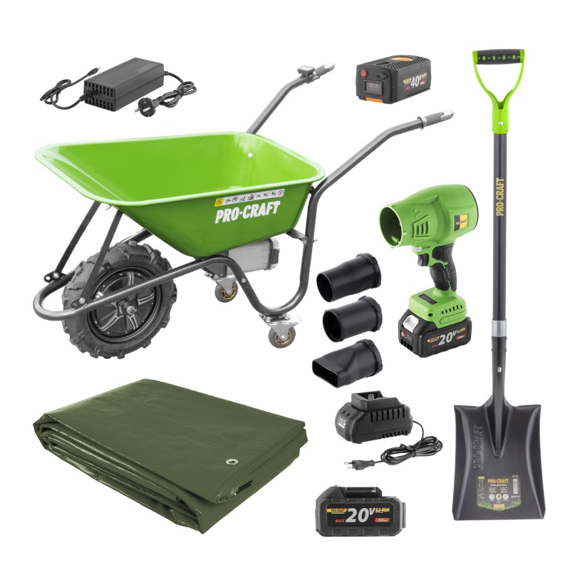 Aku kolečko Procraft PWB150 + aku fukar PB18 + lopata GSS-1150 + plachta GT3x4