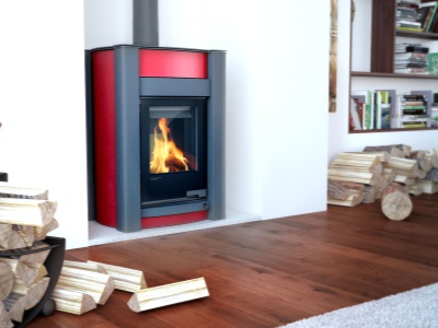 HS Flamingo KALMAR 11/5 červená ER - teplovodní krbová kamna s 5 kW výměníkem a el. regulací