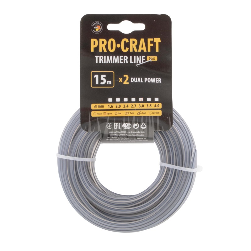 Struna žací (s výztuhou) (3mm) (15m) čtverec PROCRAFT KV/J-3/15