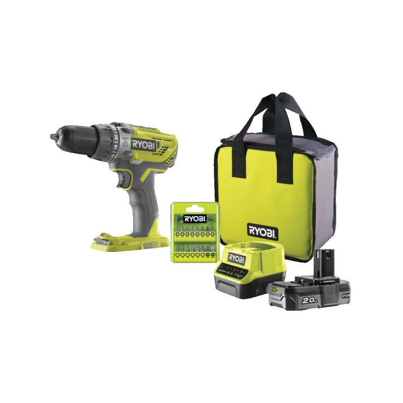 RYOBI R18PD3-120SA17 - Aku 18V příklepová vrtačka + 1x 2Ah baterie + nabíječka + taška + sada bitů ONE+