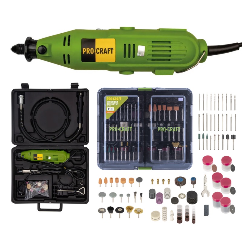 Přímá bruska Procraft PG400 + GK‑418 s ohebným nástavcem a příslušenstvím