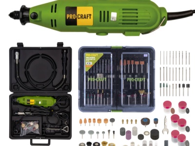 Přímá bruska Procraft PG400 + GK‑418 s ohebným nástavcem a příslušenstvím