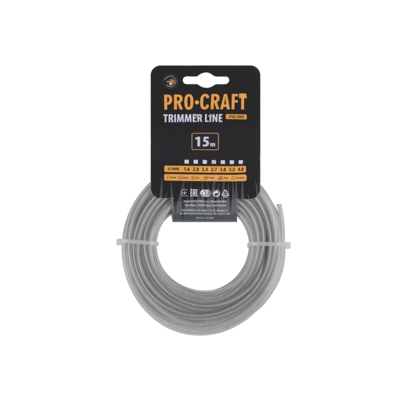 Struna žací zesílená (2.7mm) (15m) čtverec PROCRAFT KV/AR-2.7/15