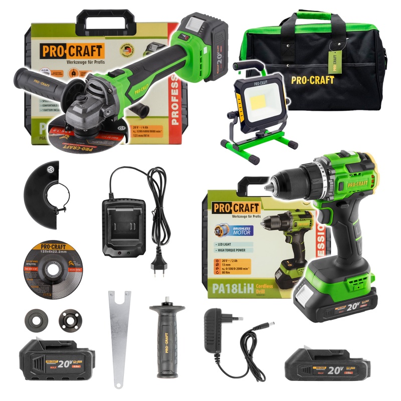 Aku sada v tašce BG400: šroubovák PA18LiH, úhlová bruska PGA22, svítilna(reflektor) LP20