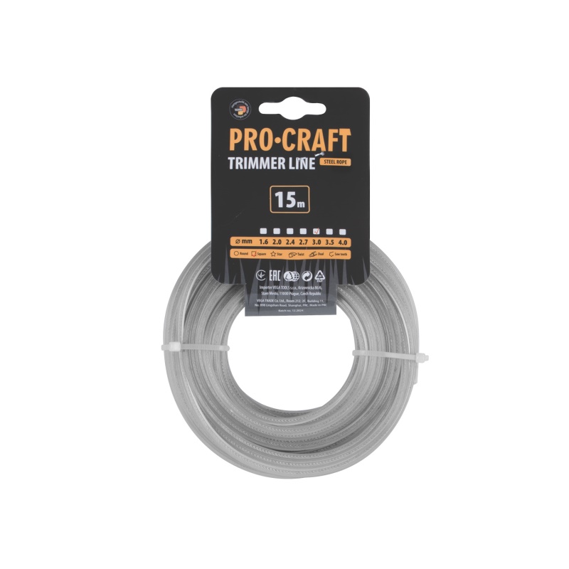 Struna žací zesílená (3mm) (15m) čtverec PROCRAFT KV/AR-3/15