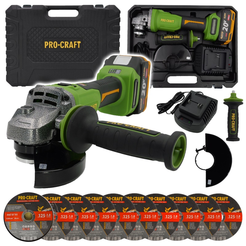 Aku úhlová bruska Procraft PWA220 + 10x řezný kotouč CD125x1.0