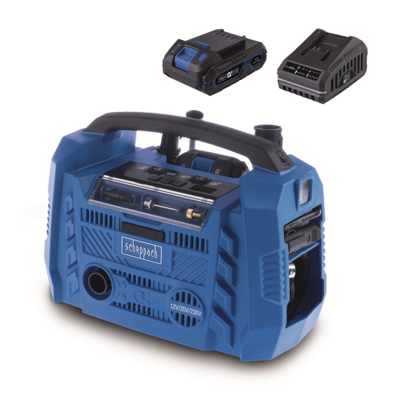 Scheppach Air Force 6-SET S - hybridní kompresor (20 V IXES aku, 12 V, 230 V) + 2Ah baterie + nabíječka 2,4 A
