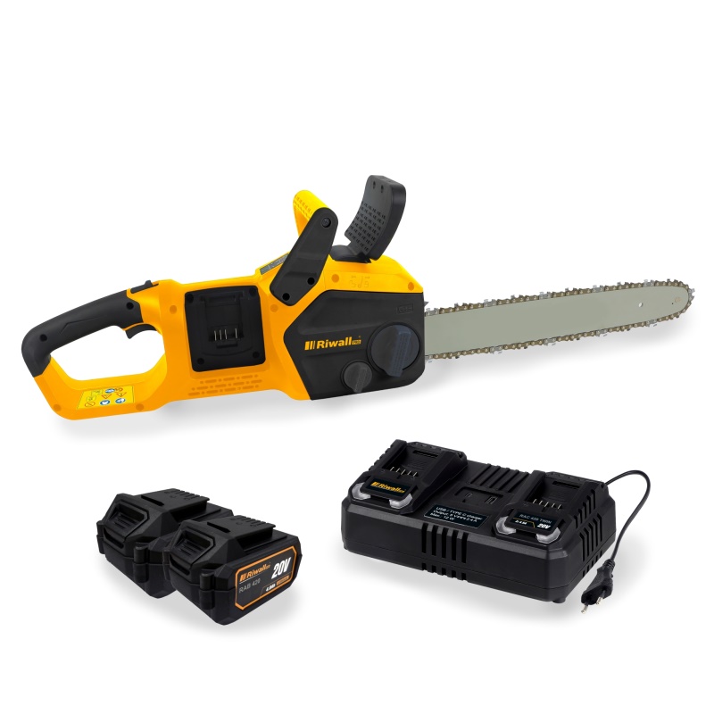 Riwall PRO RACS 4020i SET - aku řetězová pila 2 x 20 V + 2x 4 Ah baterie + duální rychlonabíječka 4,5 A