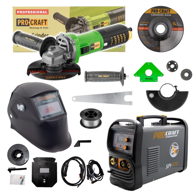 Sada svářecí poloautomatický invertor SPI-320 s úhlovou bruskou PW2450 + drát FW81 + kukla + magnet