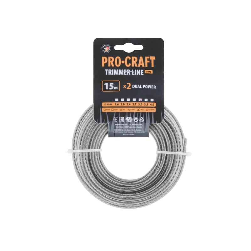 Struna žací (3mm) (s výztuhou) (15m) ozubená PROCRAFT KD/J-3/15
