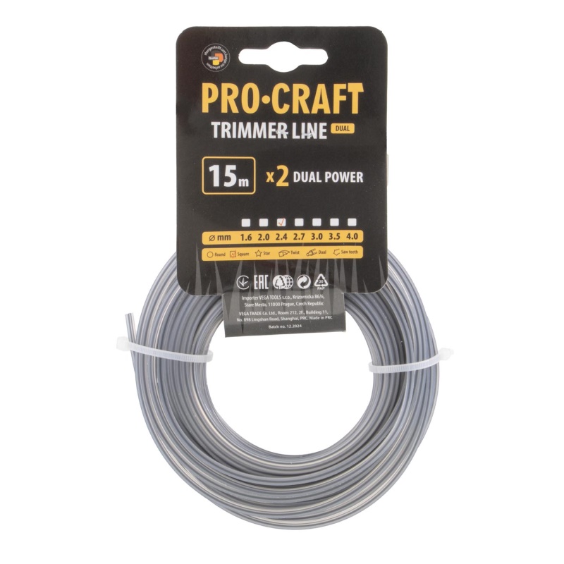 Struna žací (s výztuhou) (2.4mm) (15m) čtverec PROCRAFT KV/J-2.4/15