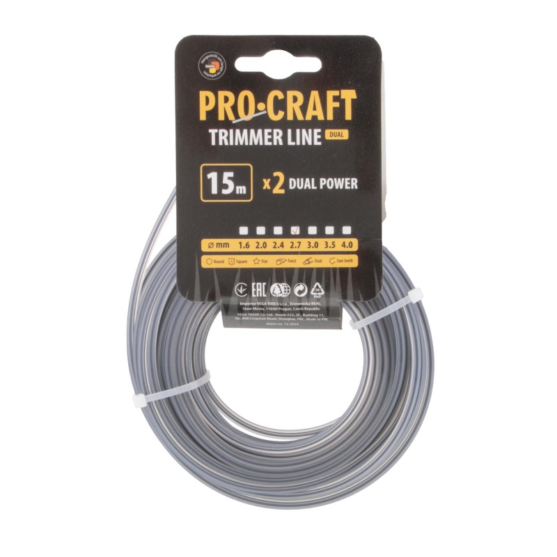 Struna žací (s výztuhou) (2.7mm) (15m) čtverec PROCRAFT KV/J-2.7/15