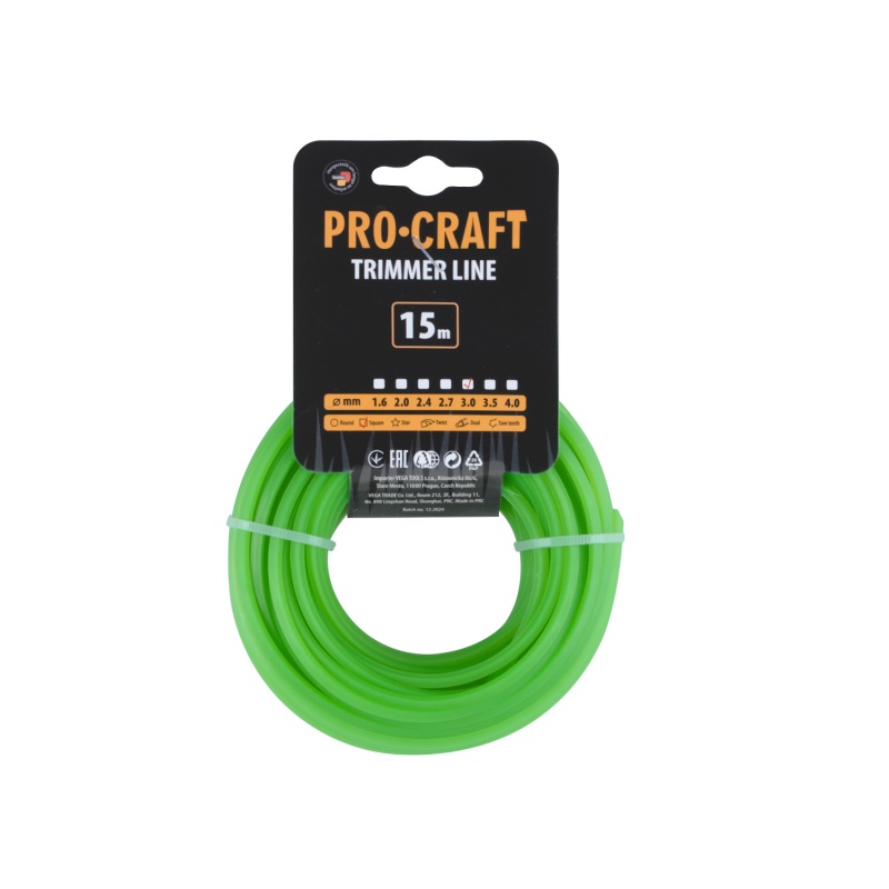 Struna žací  (3mm) (15m) čtverec PROCRAFT KV-3/15
