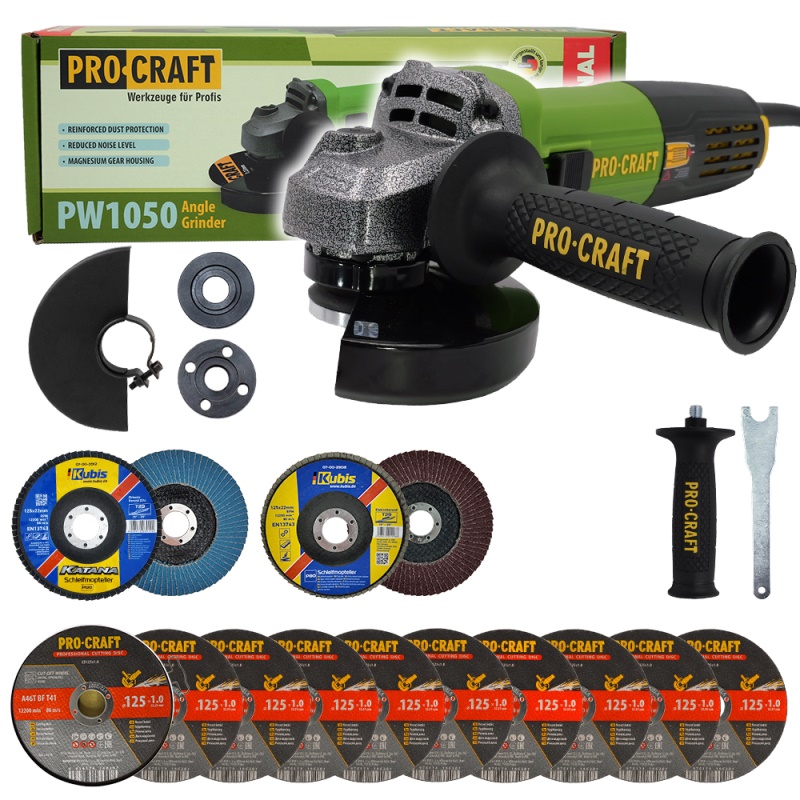 Bruska úhlová Procraft PW1050 + 10x řezný kotouč, 2x lamelový kotouč