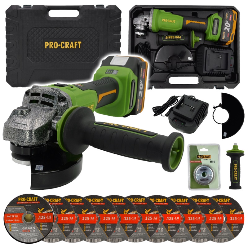 Aku úhlová bruska Procraft PWA220 + rychloupínací matice, 10x řezný kotouč CD125x1.0