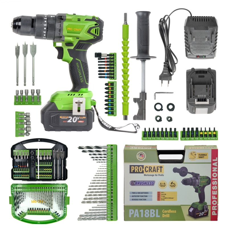 Aku vrtací šroubovák s příklepem Procraft SPA18BL Brushless se sadou bitů DBS-101