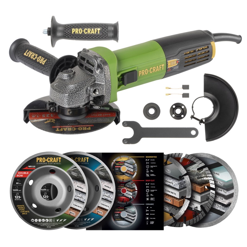 Sada úhlová bruska Procraft PW1050 a 3x diamantové kotouče DS3.125 + 2x hrncové kotouče