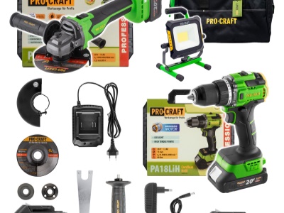 Aku sada v tašce BG400: šroubovák PA18LiH, úhlová bruska PGA22, svítilna(reflektor) LP20