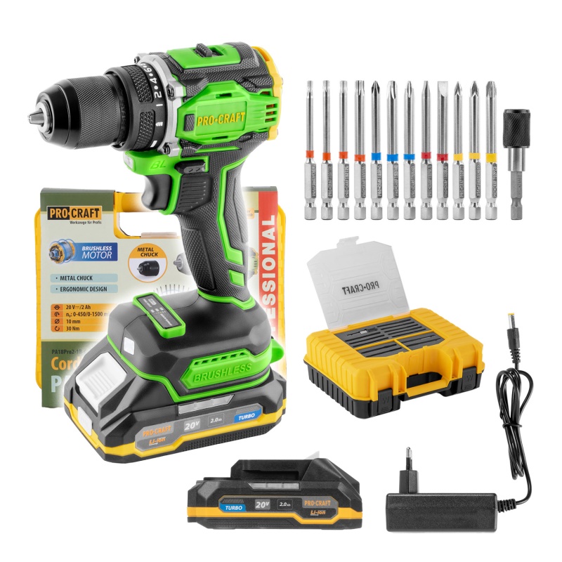 Aku vrtací šroubovák Procraft PA18Pro2 + sada bitů