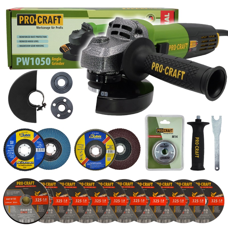 Bruska úhlová Procraft PW1050 + rychloupínací matice, 10x řezný kotouč, 2x lamelový kotouč