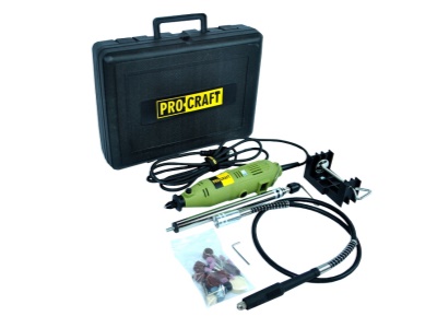 Přímá bruska Procraft PG400 + GK‑418 s ohebným nástavcem a příslušenstvím