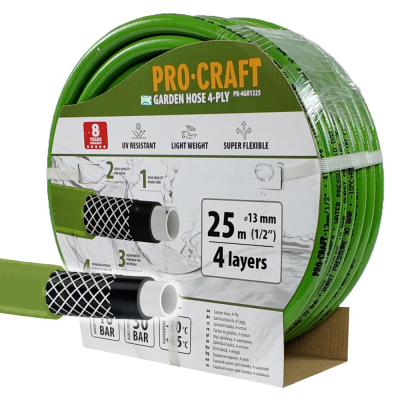 Zelená zahradní hadice Procraft PR-4GH1325 4 vrstvy, 1/2" 25 m