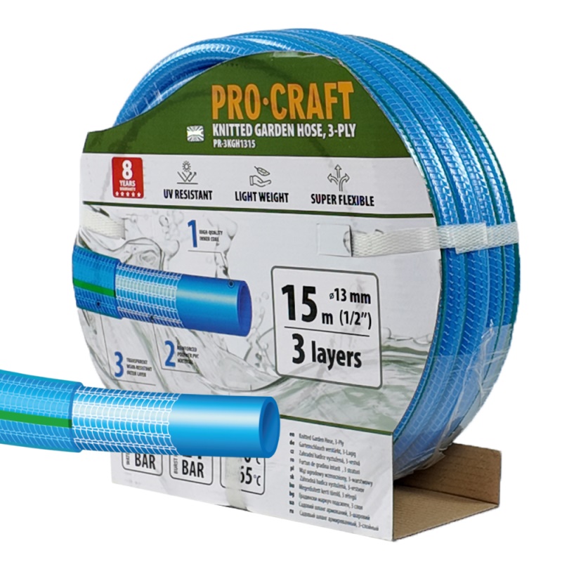 Modrá zahradní hadice Procraft PR-3KGH1315 3 vrstvy, 1/2" 15m