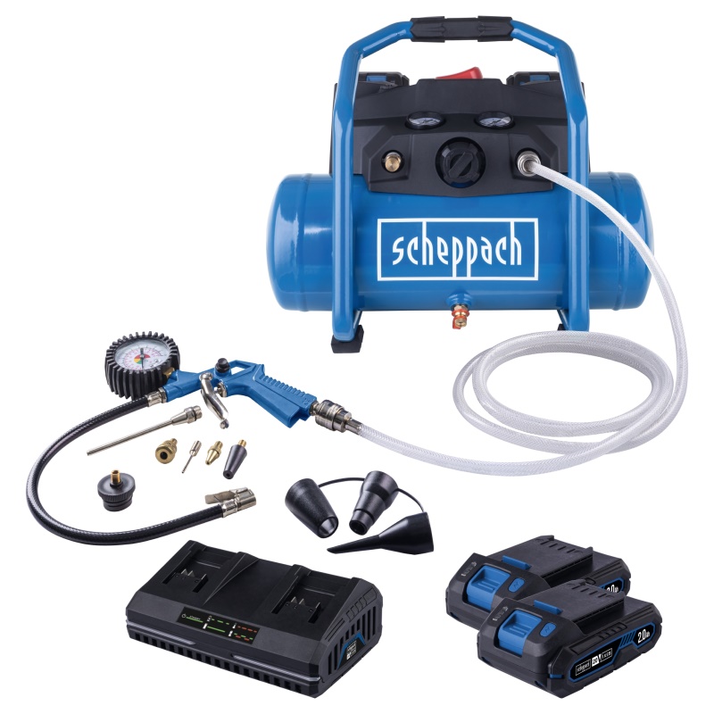Scheppach C-ACT160/6-X-SET S2 - 2x20 V IXES aku bezolejový kompresor 6 l + 2x 2Ah baterie + duální nabíječka 2,4 A