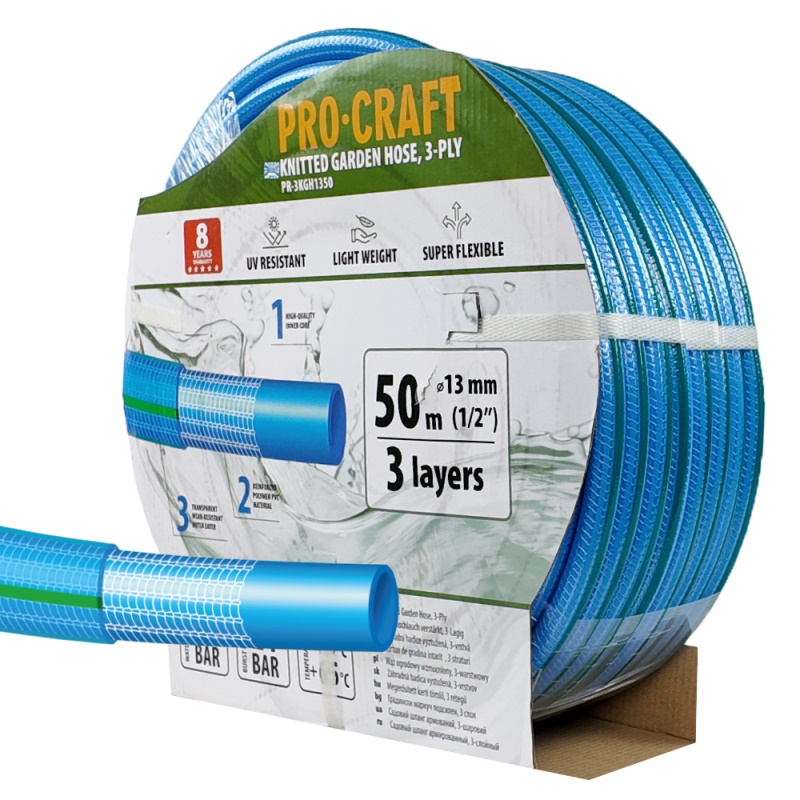 Modrá zahradní hadice Procraft PR-3KGH1350 3 vrstvy, 1/2" 50m