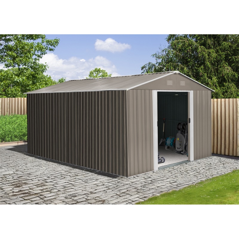 Riwall PRO RMSA 12x10 Brown - zahradní domek kovový 3 x 3,7 m se sedlovou střechou hnědý