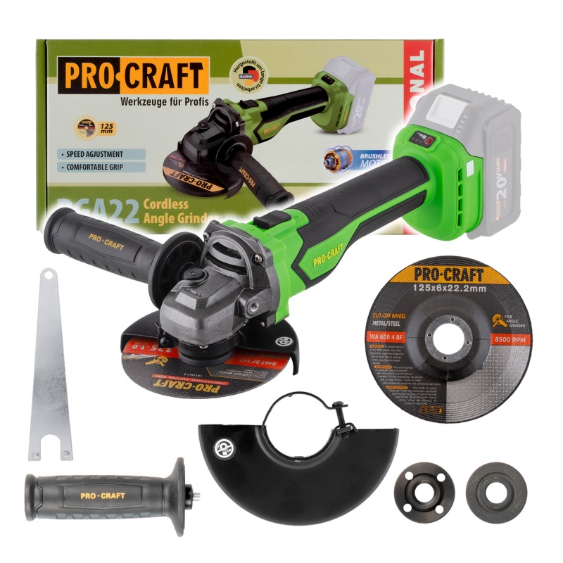 Aku úhlová bruska Procraft PGA22 (bez baterie a nabíječky), 125mm