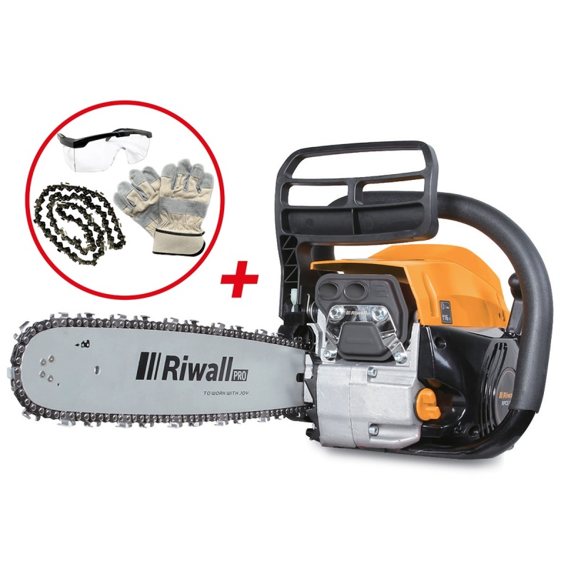 Riwall PRO RPCS 5140 SET - řetězová pila s benzinovým motorem 49 ccm + náhradní řetěz + rukavice + ochranné brýle