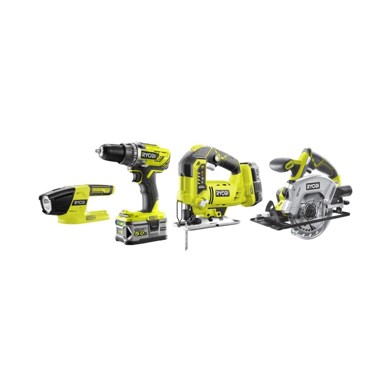 RYOBI R18CK4A-252S - aku 18 V set (R18DD3 + RWSL1801 + R18JS + R18T + 1 x 5,0 Ah + 1 x 2 Ah baterie + nabíječka)