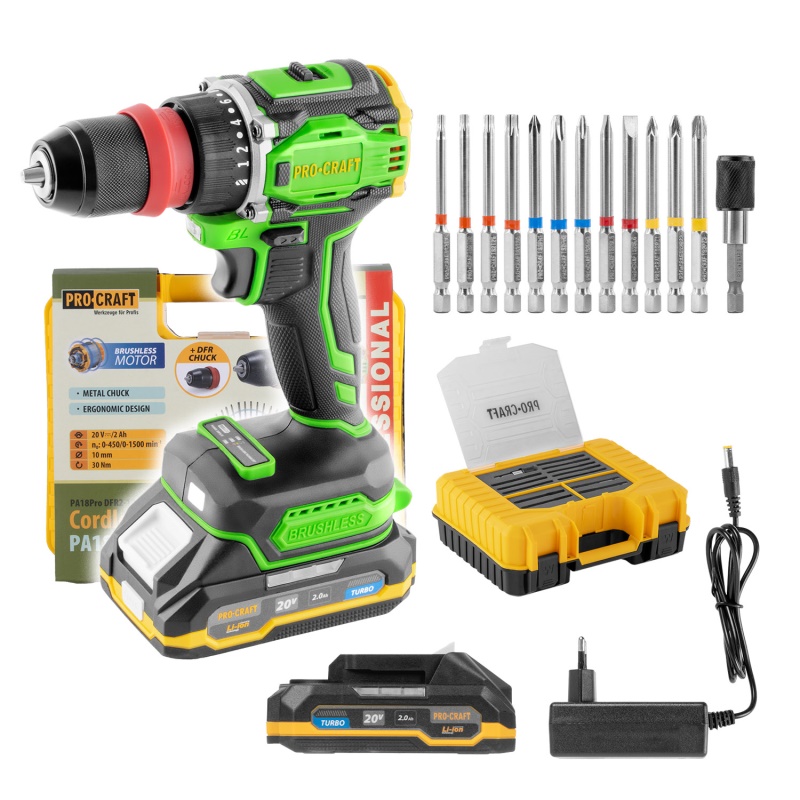 Aku vrtací šroubovák Procraft PA18ProDFR2 + sada bitů