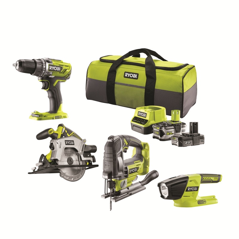 RYOBI R18CK4A-252S - aku 18 V set (R18DD3 + RWSL1801 + R18JS + R18T + 1 x 5,0 Ah + 1 x 2 Ah baterie + nabíječka)