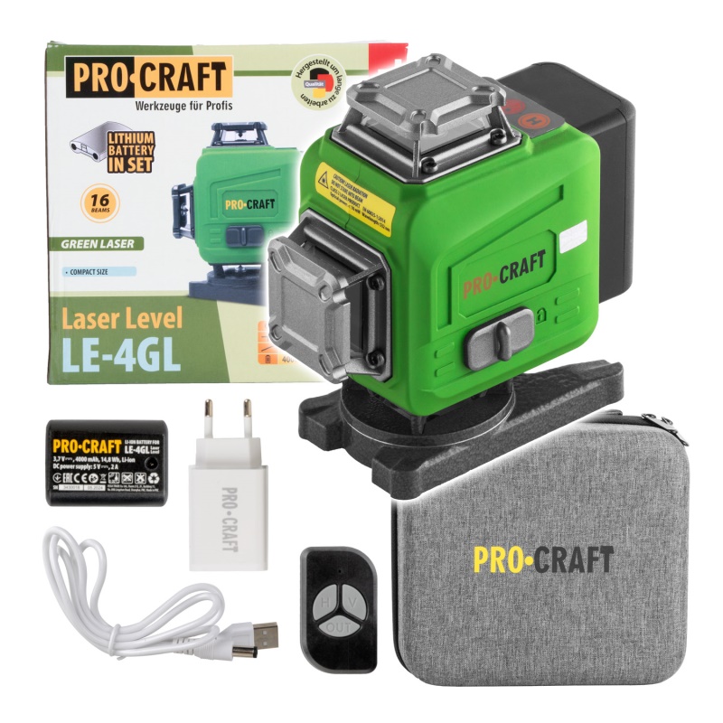 Laser zelený liniový, křížový samonivelační Procraft LE-4GL
