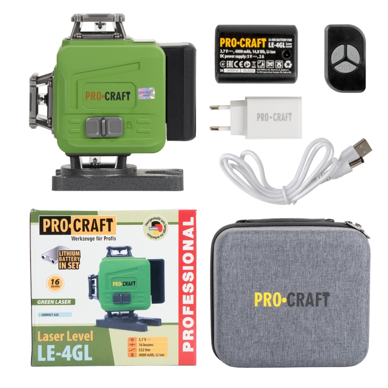 Laser zelený liniový, křížový samonivelační Procraft LE-4GL