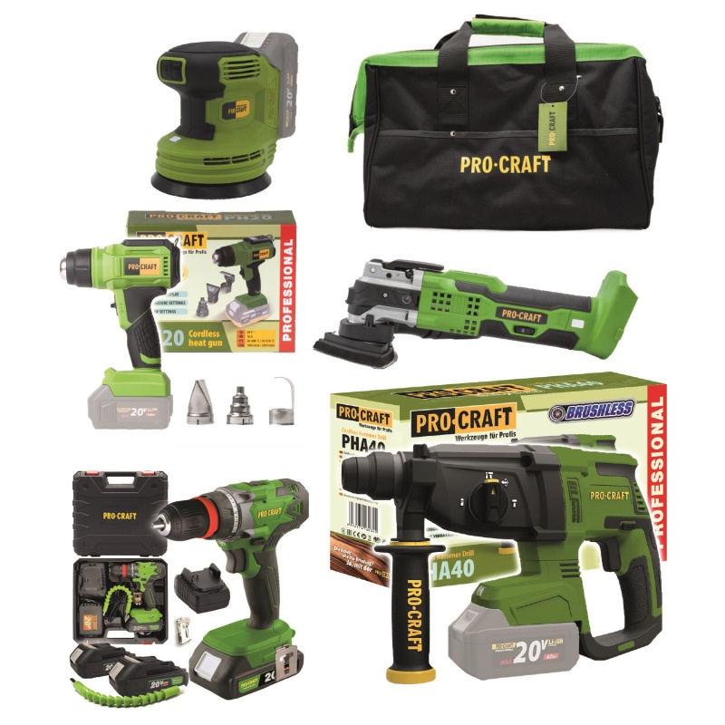 Procraft aku sada nářadí 20V 6dílů 2 x baterie 2.0Ah s nabíječkou