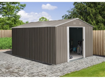 Riwall PRO RMSA 12x10 Brown - zahradní domek kovový 3 x 3,7 m se sedlovou střechou hnědý